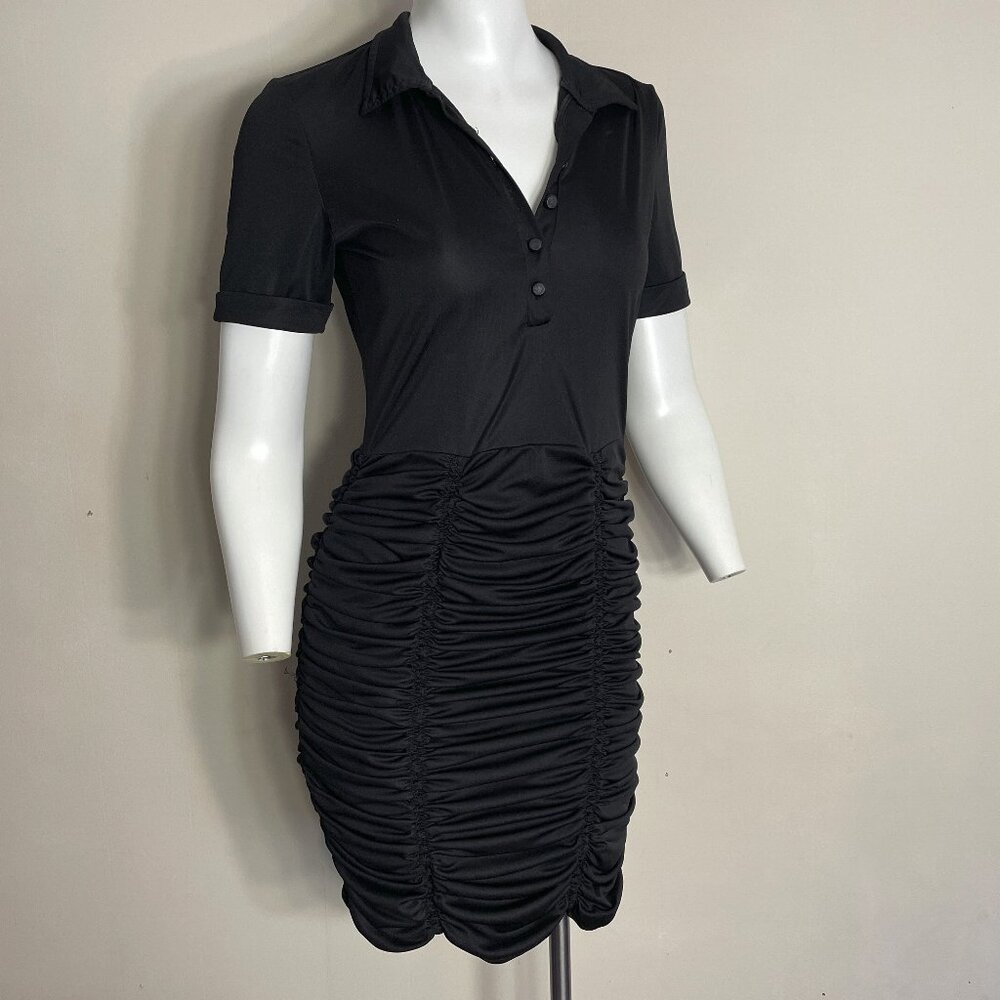 Black Bodycon Mini Dress Sz M Polo Collar Y2K Retro Sleek Party 2010s Flirty